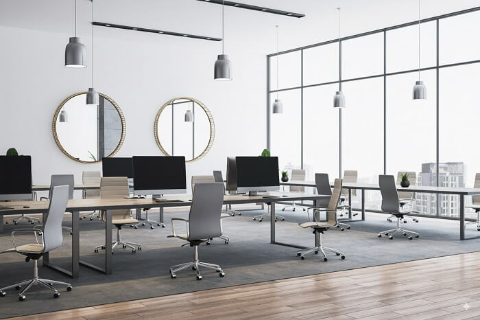 Miroir rond au-dessus d&rsquo;un banc dans le hall d&rsquo;un bureau